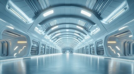 Fototapeta premium Futuristic storage facility. Innovative storage solutions. Multi-level warehouse shelves filled with products. Storage divided into virtual sections. People-free futuristic warehouse. Logistics hub 