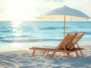 Obraz premium A person is sitting in a beach chair under an umbrella on the beach, enjoying the sun