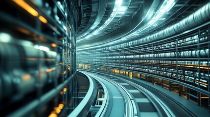 Fototapeta premium Futuristic storage facility. Innovative storage solutions. Multi-level warehouse shelves filled with products. Storage divided into virtual sections. People-free futuristic warehouse. Logistics hub 