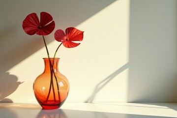 Glass vase with Monstera, sunlight creates long wall shadow , elegant, texture, shadow