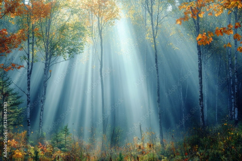 Poster Sunlight streams through trees in a serene forest during autumn morning hours