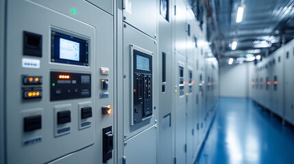 Industrial internet devices. Network switch. Equipment for internet connectivity. Network switch in server room. Telecommunications tools for factory. Networking technologies. Network switch