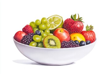 Minimal Watercolor Art of a Bowl Filled with Fresh Fruits on a White Background
