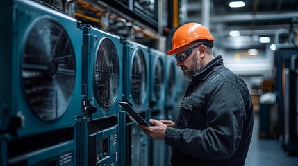 Industrial cooling equipment. Air conditioning unit for cold storage warehouse. Man using laptop to configure freezer. Industrial refrigeration systems. Warehouse with cooling setup. Artistic focus.