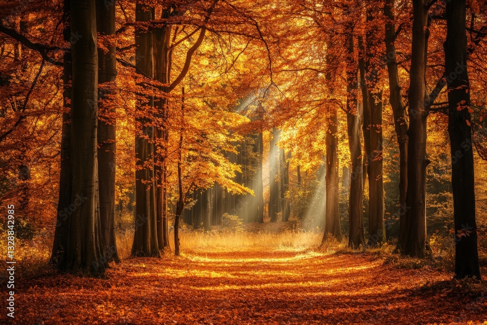 Poster sunlight filters through orange leaves in a tranquil forest during autumn