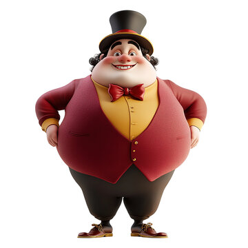 This image depicts a rotund cartoon gentleman in a formal outfit, with a smiling expression and confident stance.