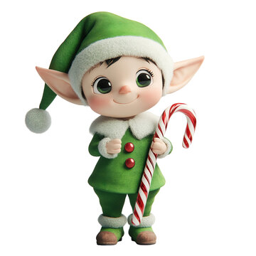 The image presents a charming cartoon elf, dressed in green, holding a candy cane and smiling.