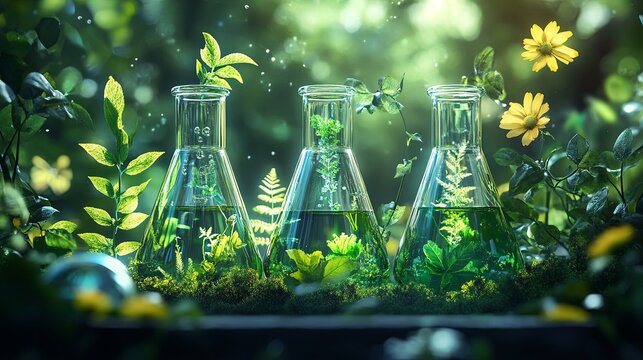 Research involving flasks containing plants. The concept of green chemistry