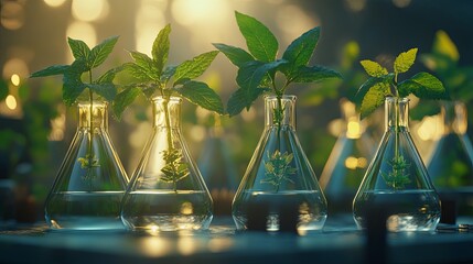 Research involving flasks containing plants. The concept of green chemistry