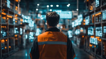 Logistics Manager Managing Automated Warehouse Functions Using a Laptop