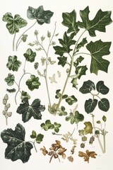 Illustration showcasing different parts of Hedera helix Needlepoint plant in detailed botanical art