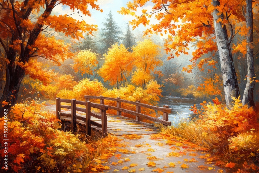Aufkleber vibrant autumn colors surround a peaceful wooden bridge by a tranquil stream in a serene forest sett