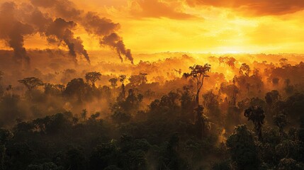A vibrant forest under a golden sunset, with smoke plumes rising ominously in the background. picture