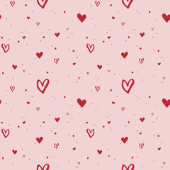 Red hearts on pink background. Coquette core. Seamless pattern EPS vector hand drawn for romantic, valentine, wedding design, cute core, girly, textile, wrapping, fabric, scrapbooking. Outline sketch.