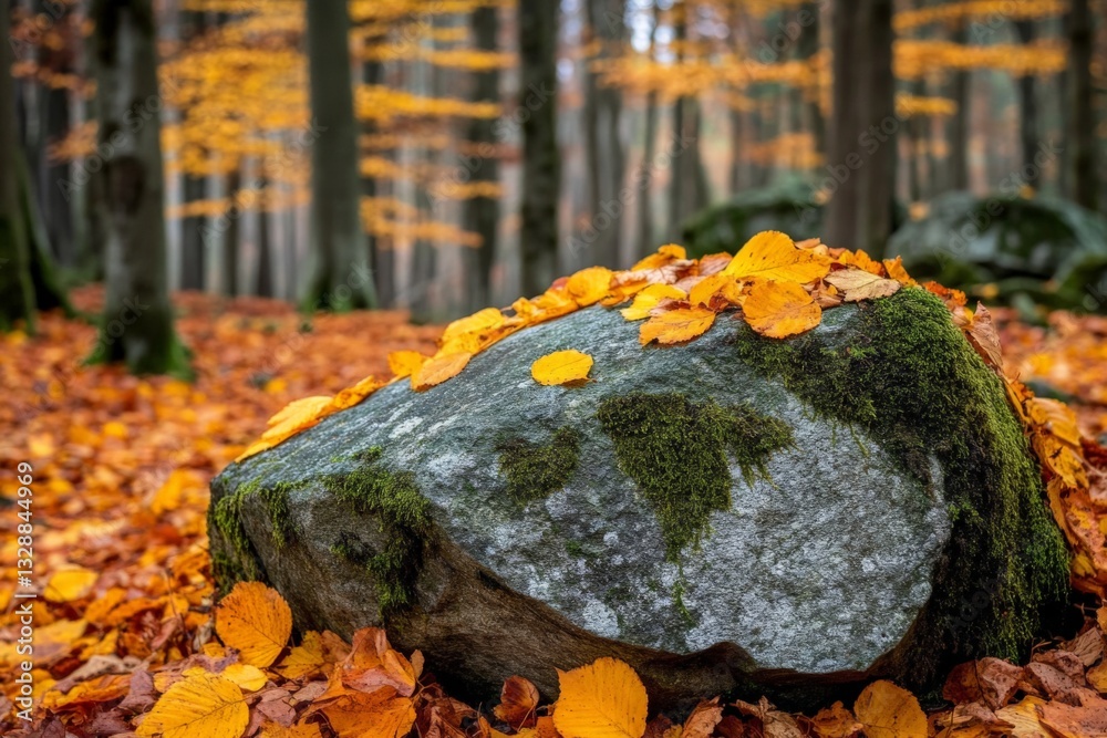 Poster colorful autumn leaves resting on a moss-covered stone in a serene forest setting