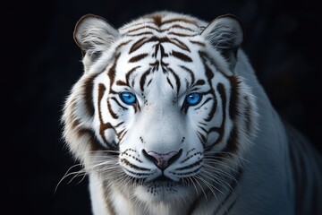 Fototapeta premium A majestic white tiger with striking blue eyes gazes intently, showcasing its unique coat and powerful presence against a dark background.