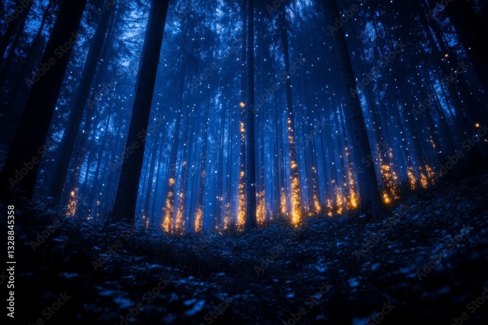 Aufkleber Mysterious forest illuminated by glowing orbs during twilight with tall trees casting shadows