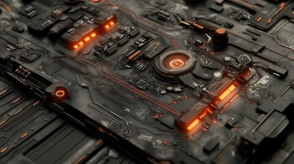 Futuristic circuit board with glowing orange components.