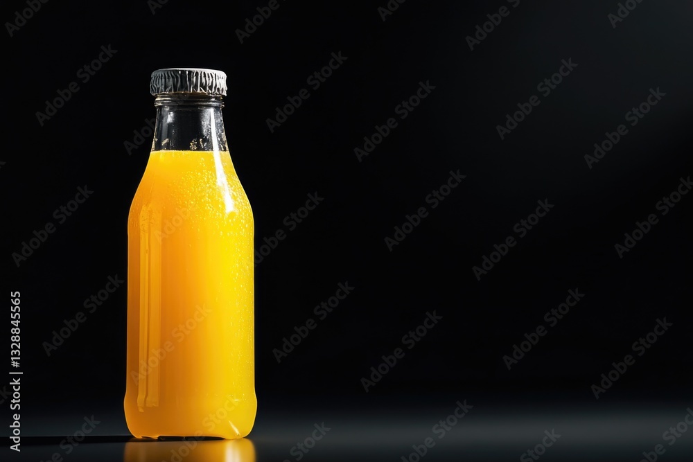 Poster a glass bottle of orange juice placed on a table with a simple, everyday setting