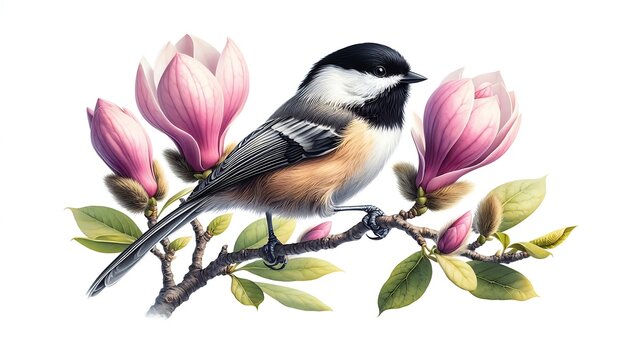 Chickadee Bird on Magnolia Branch - Springtime Illustration