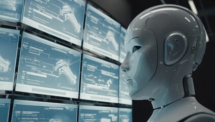  Robot and Tech Display: A sleek, futuristic robot observes a wall of glowing monitors, depicting advanced technology interfaces, the scene exuding an aura of intelligence and innovation.