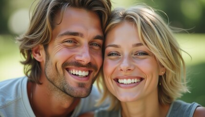 Fototapeta premium A happy couple, a blonde woman and a brown-haired man, are beaming with joy in a lush green park. Their genuine smiles radiate warmth and connection, capturing a moment of pure happiness and love.