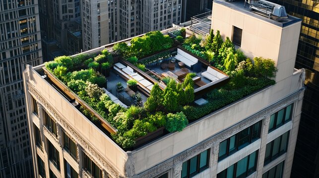 A serene rooftop garden with seating areas, promoting urban greening. picture