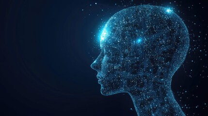 Mind's Digital Realm: A profile of a human head constructed from interconnected points of light, symbolizing the complexity of thought, intelligence, and the digital age.