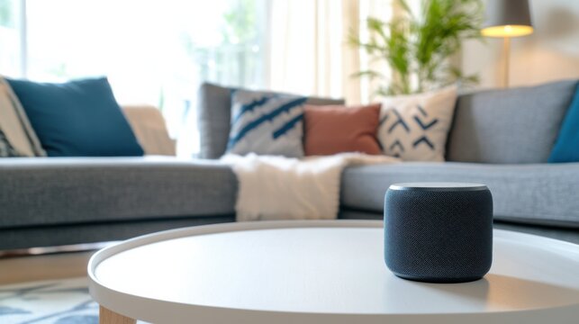 A digital home assistant, living room with AI-powered home assistant organizing tasks for the family, Home-tech style