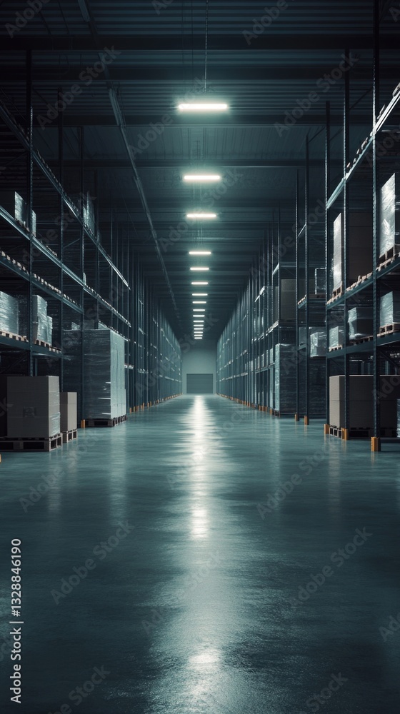 Poster large industrial storage space filled with boxes and containers, ideal for use in scenes depicting c