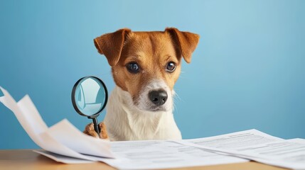 Adorable Dog in Office Attire Analyzing Documents with Magnifying Glass for Humor Concept