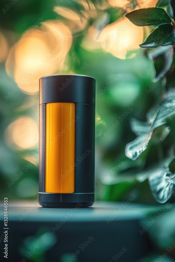 Poster a bright yellow and black cup sitting on top of a table, perfect for adding a pop of color to any sc