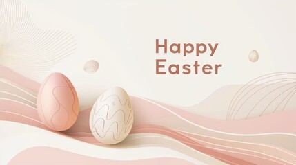 A sleek, abstract Easter banner featuring subtle egg-shaped forms and thin line art in muted tones, with "Happy Easter" highlighted in minimalist typography. 