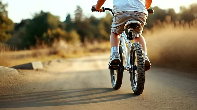 Child learning to ride bike on trail without training wheels