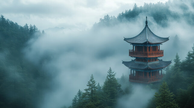 Fog envelops a traditional pagoda perched on a mountainside, surrounded by dense pine trees. This serene morning captures the tranquility of nature and architecture