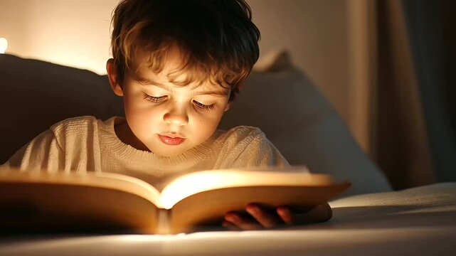 Child reading a picture book aloud in a dark room with flashlight