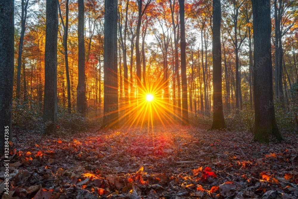 Poster sunrise through autumn trees creating a golden glow in a tranquil forest setting during early mornin