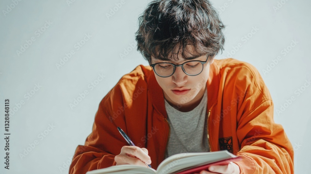 Poster a person sitting at a desk with an open book and writing instrument, possibly doing research or taki
