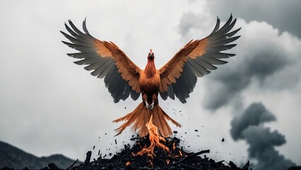 Obraz premium Majestic phoenix rising from flames against a stormy sky with dramatic clouds