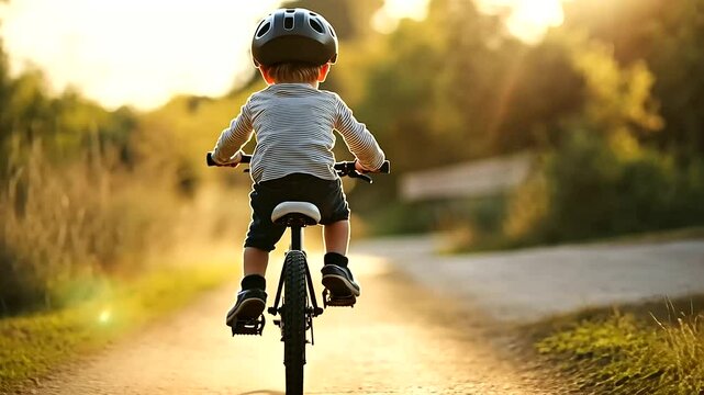 Child riding a bike on a trail without training wheels