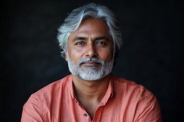 Obraz premium Middle-aged man with silver hair and beard in a warm orange shirt poses against a dark background showing calm demeanor