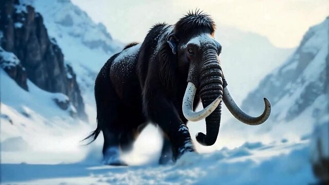 Highly detailed image of a colossal woolly mammoth trudging through a brutal snowstorm in a remote, frozen tundra. 