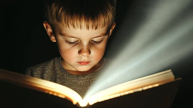 Child reading a picture book with flashlight in dark room