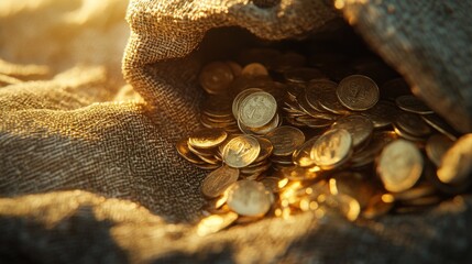 A bag of gold coins is shown in a close up. The coins are shiny and reflect the light, creating a sense of wealth and luxury