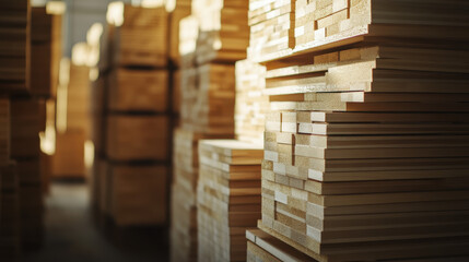 Obraz premium Lumber is stacked in a spacious warehouse, illuminated by sunlight pouring through large windows. The scene highlights the various textures and colors of the wood