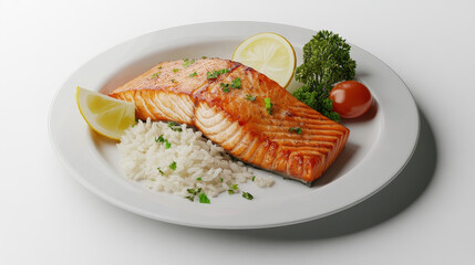 A beautifully presented grilled salmon fillet is placed over a mound of fluffy rice, garnished with fresh lemon slices, cherry tomatoes, and parsley for a vibrant and nutritious dish