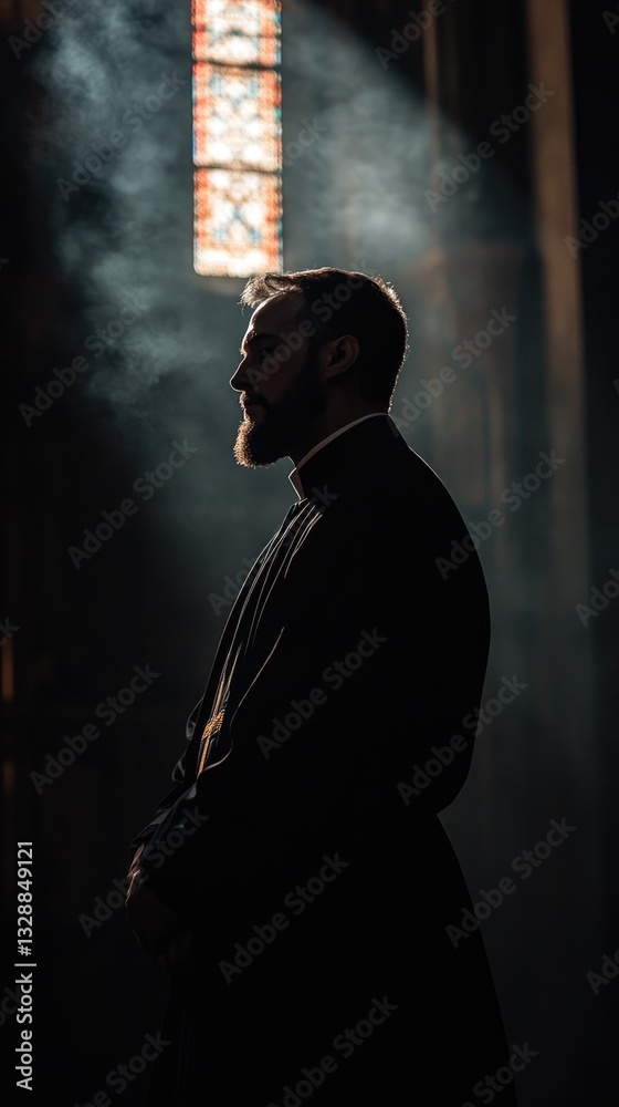 Poster a person standing in front of a beautiful stained glass window with intricate designs and colors