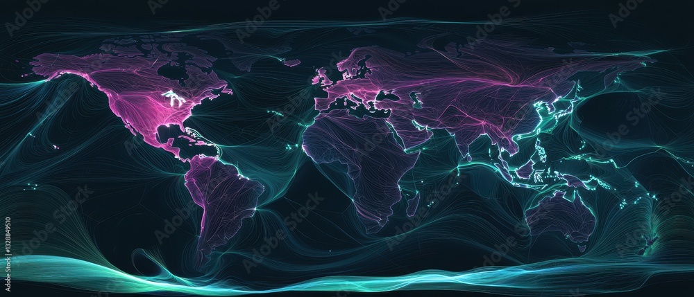 Poster abstract colorful map of the world with dynamic flowing lines