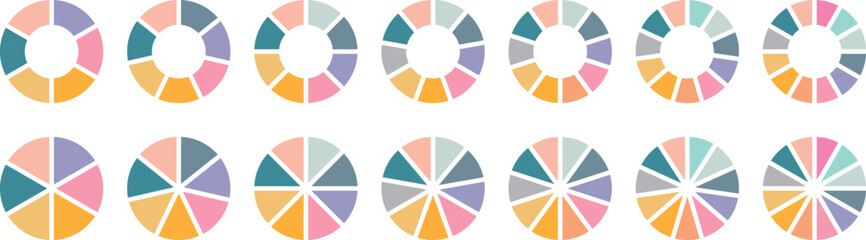Obraz premium Pie chart set. Pie charts diagrams. Different color circles isolated. Infographic element round shape. Circle section graph. Vector. Pie chart divided 1,2,3,4,5,6,7,8,9,10,11,12 equal parts.