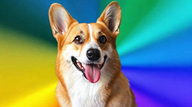 Cheerful Corgi Dog with Colorful Rainbow Background Showcasing Playful and Joyful Nature, Expressive Face, and Lively Colors Creating Energetic Atmosphere for Happy Pet Animal